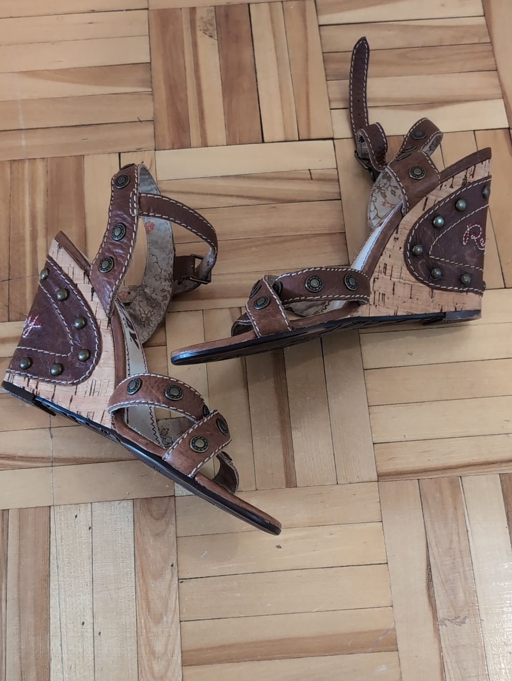Replay Brown Leather Studded Wedge Sandals Boho Style, Fit Size 6
